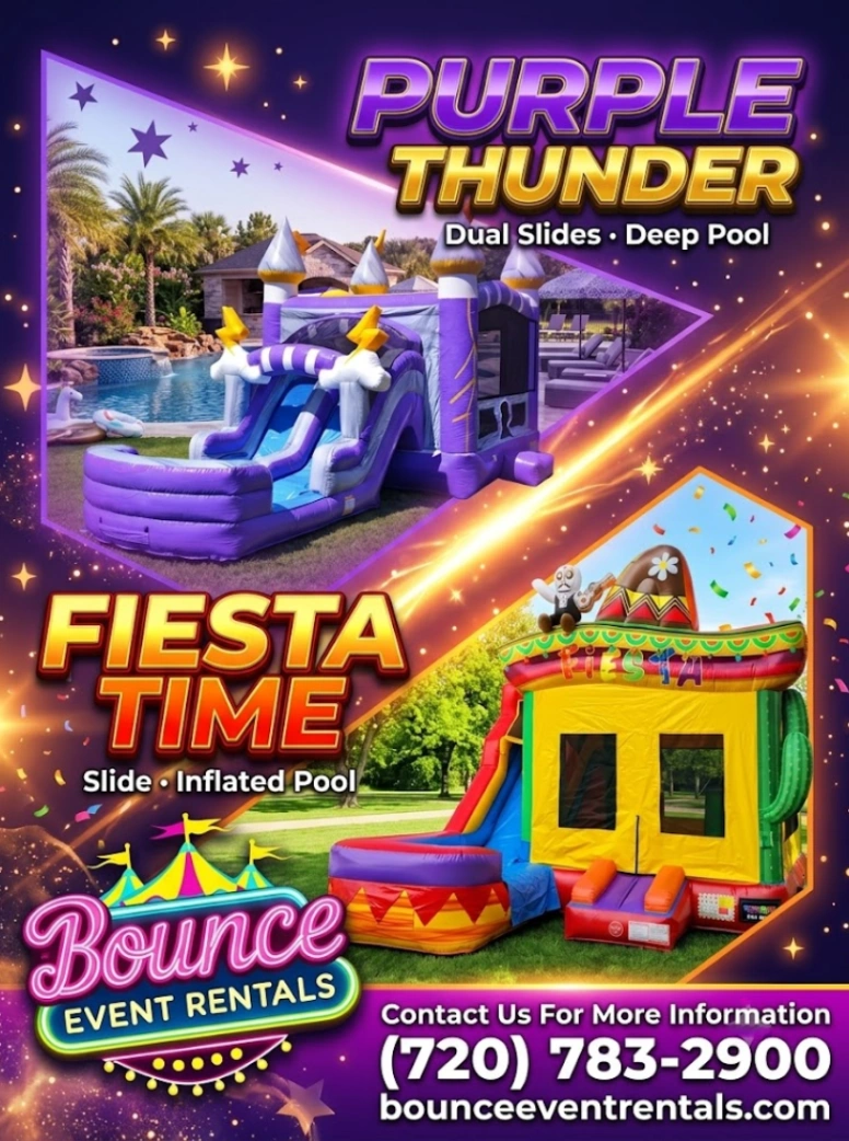Purple Thunder Bounce House Dual Slides Deep Pool And Fiesta Bounce House Slide Inflated Pool rental for Dakota Ridge CO events in ZIP code 80127